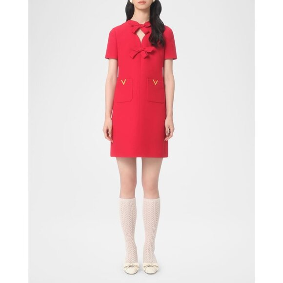 Valentino Garavani V-Logo Pockets Bow red Crepe Mini Dress size IT 36/ US 0 - Picture 1 of 14